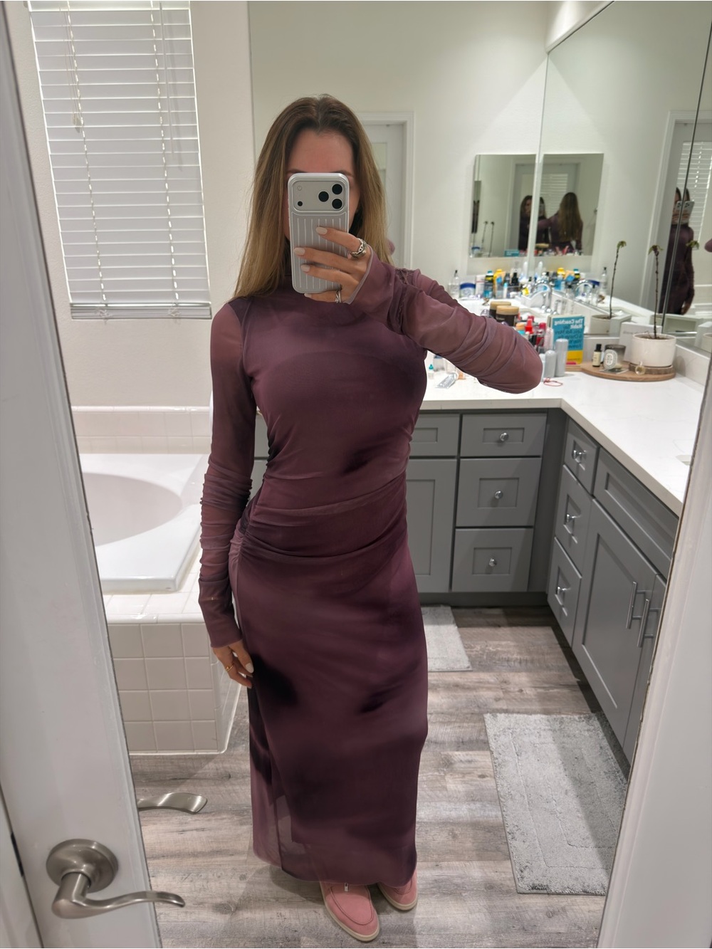 Zara Long-Sleeve Sheer Maxi Dress in Deep Plum
